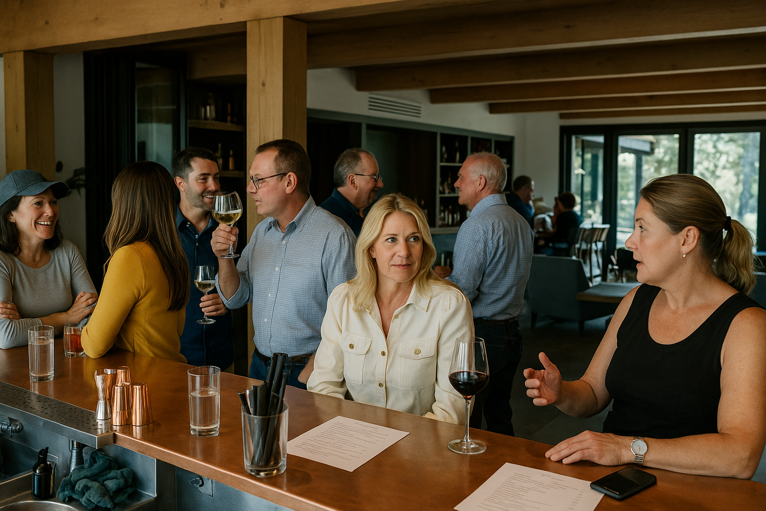 A group of people socializing at a modern bar with a wooden ceiling and stone accents, enjoying drinks in Jackson Hole, Wyoming.